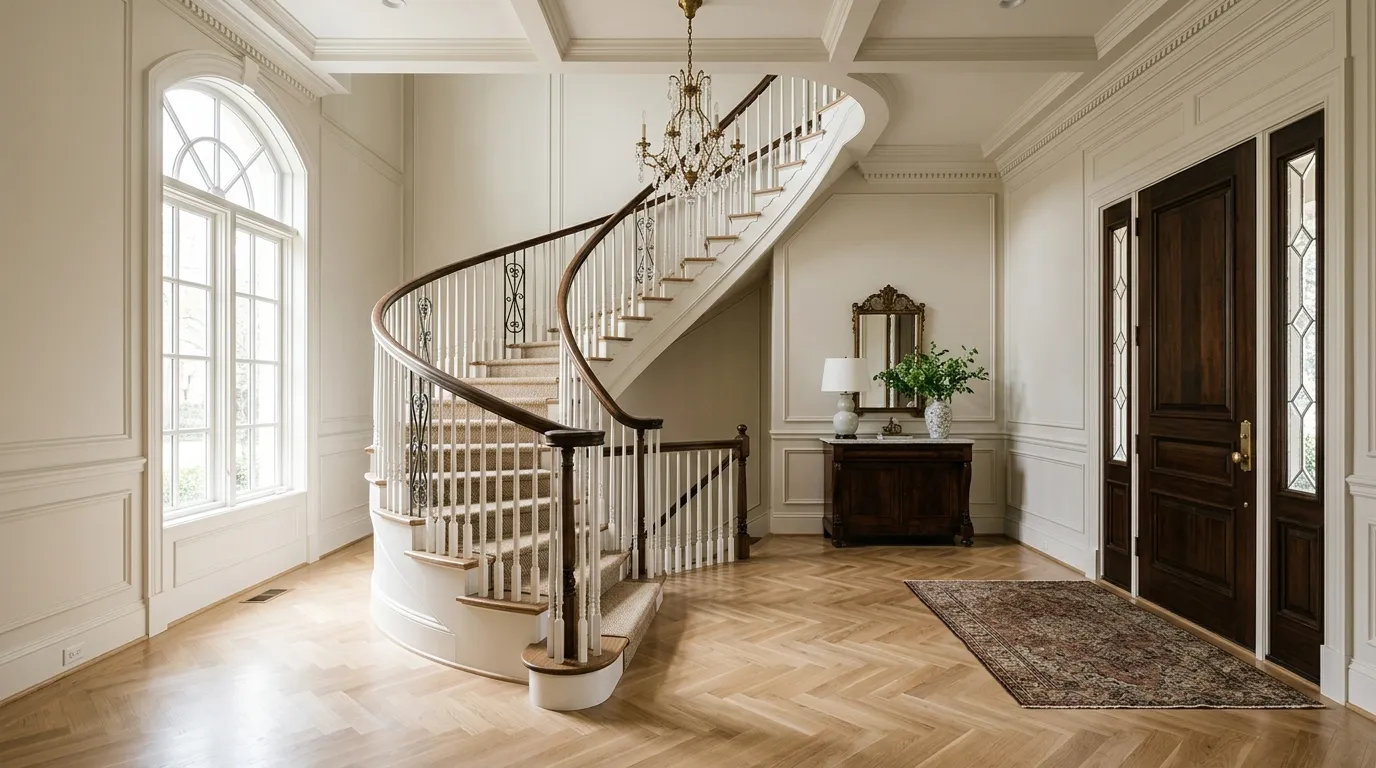 Elegant foyer with refinished white oak herringbone hardwood in a Memorial-area Houston home