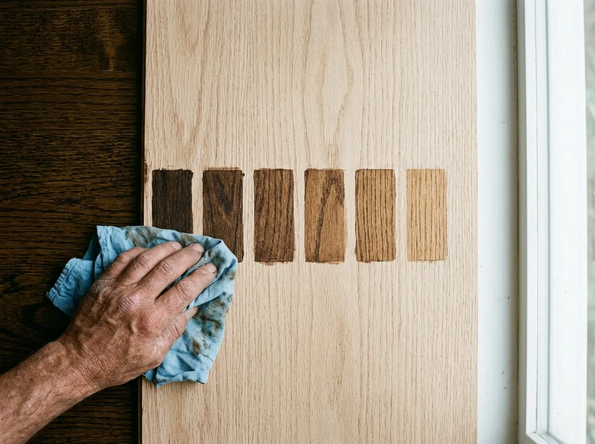 Stain color samples tested on new oak next to an existing dark hardwood floor for color matching